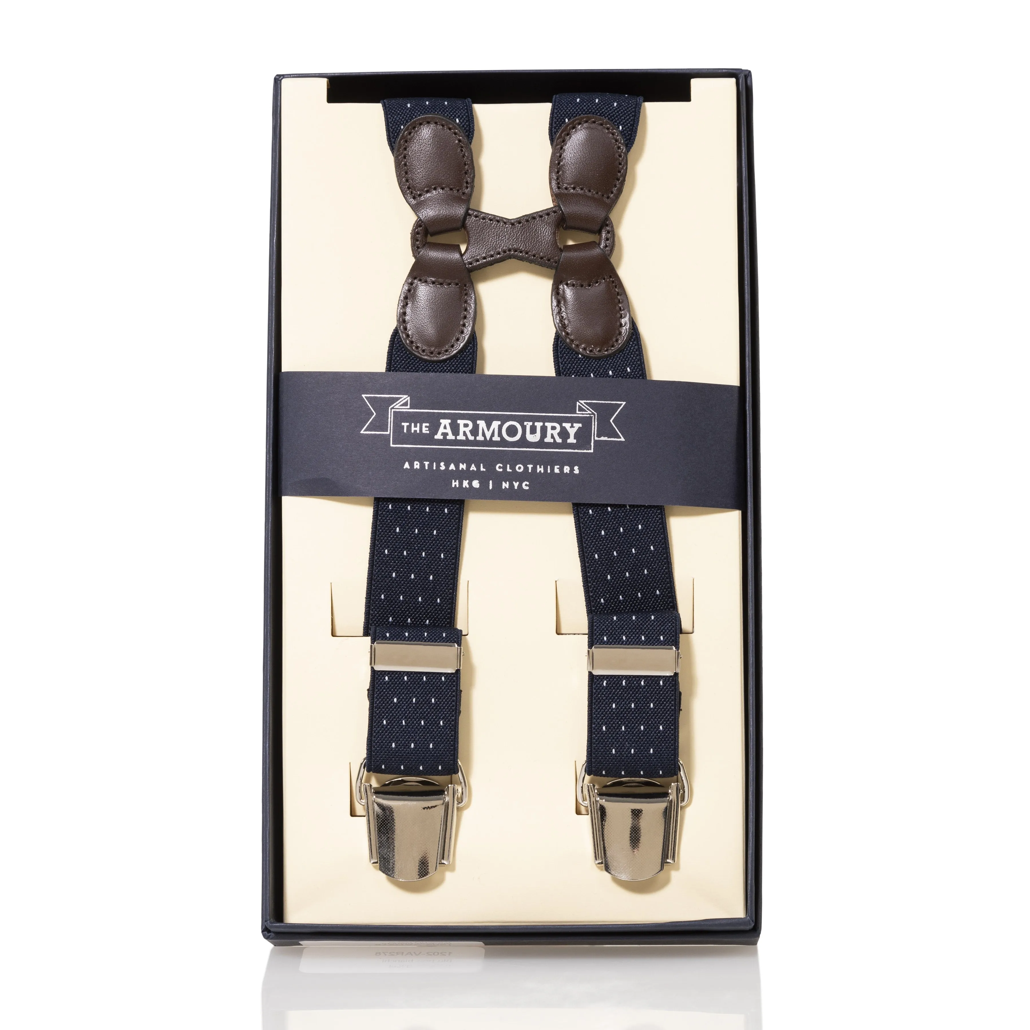 Brown Leather/Silver Clip Braces - Navy Spots