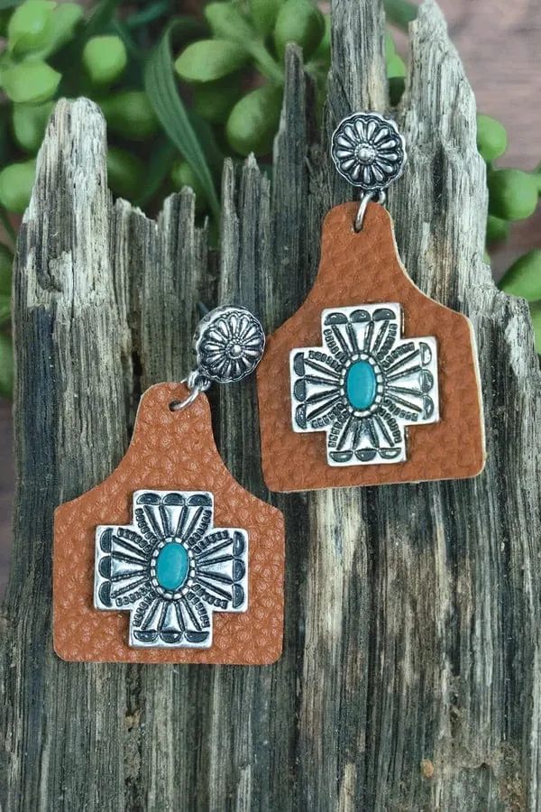 Cattle ear tag leather earrings