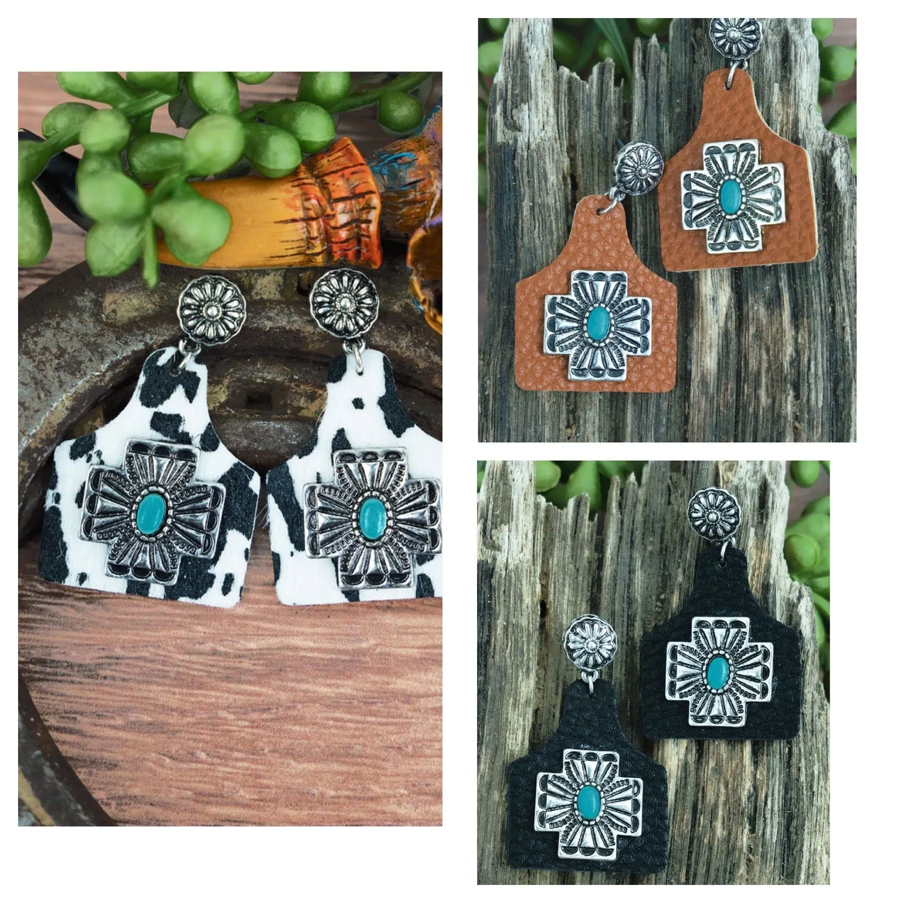 Cattle ear tag leather earrings