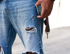 Leather handwoven keyring with clip - Grey distressed