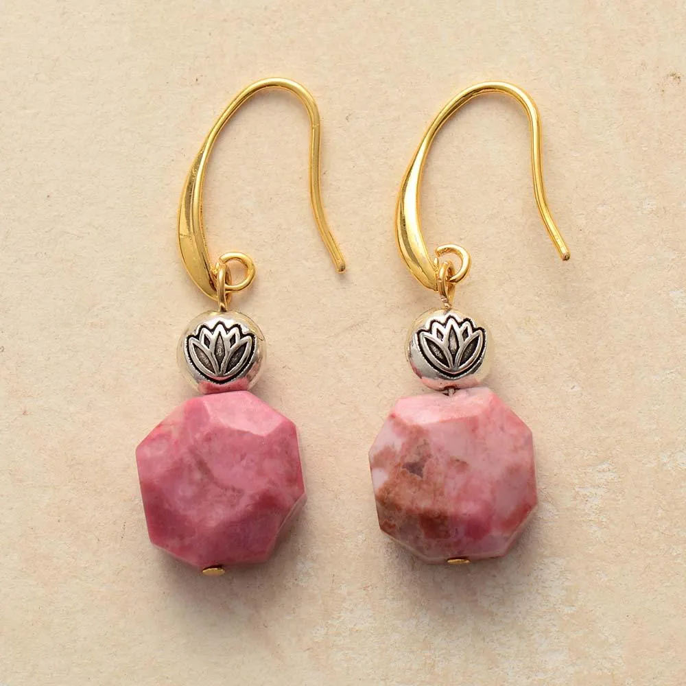 Lotus Bead Rhodonite Drop Earrings