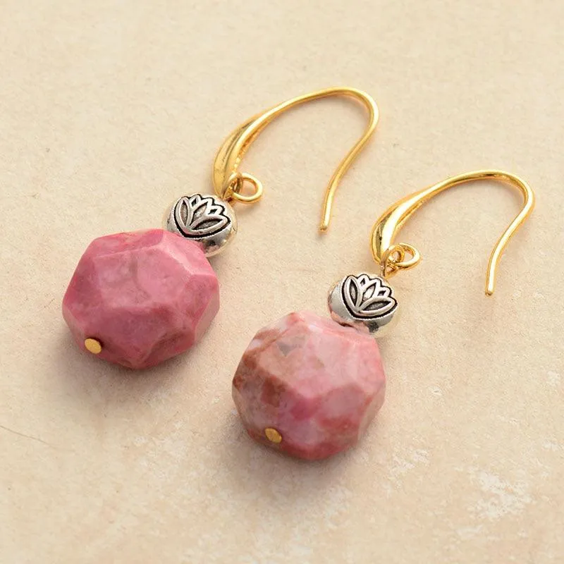 Lotus Bead Rhodonite Drop Earrings