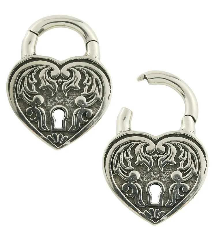 Ornate Heart Lock White Brass Hinged Ear Weights