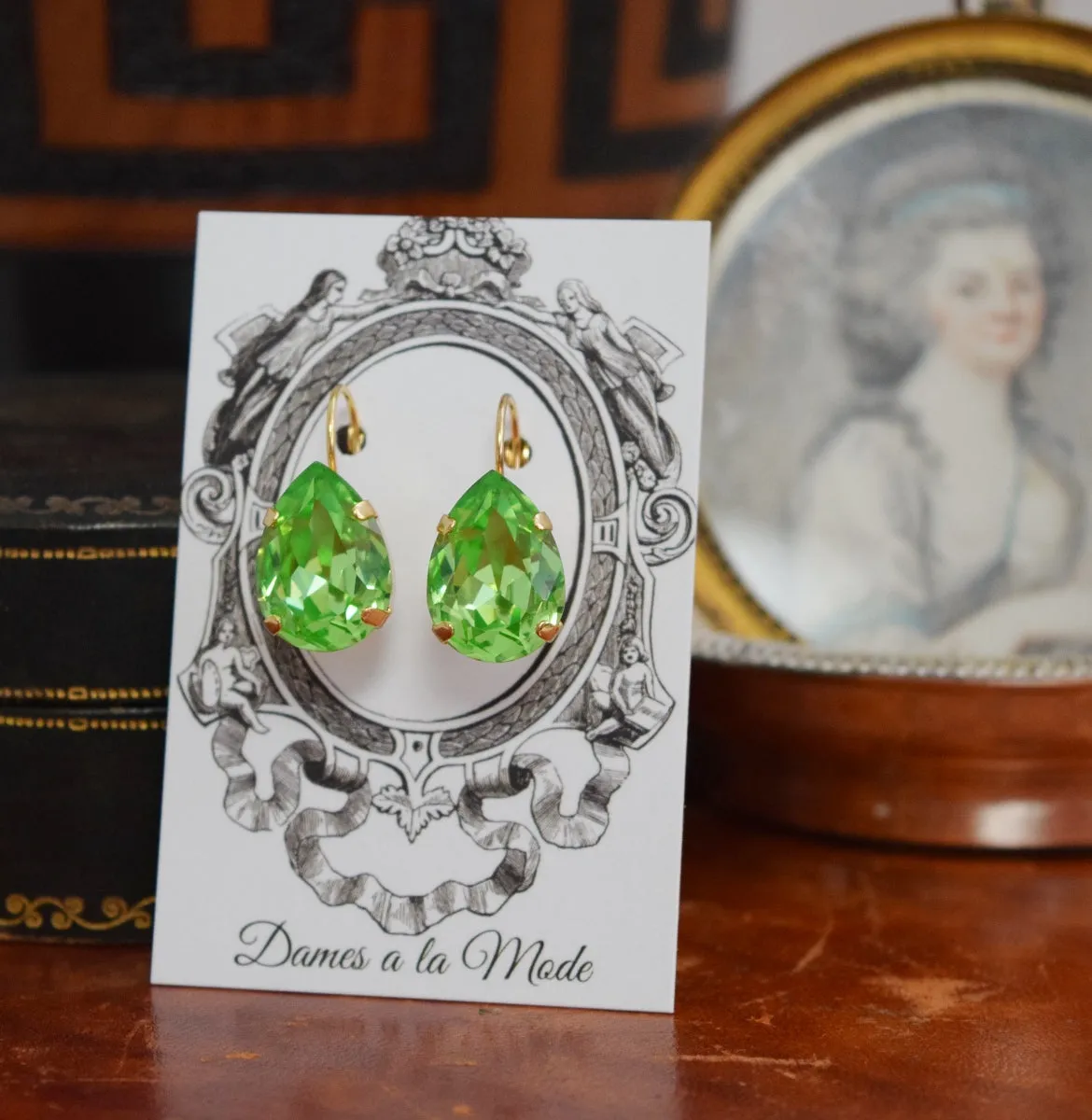 Peridot Green Swarovski Earring - Large Teardrop