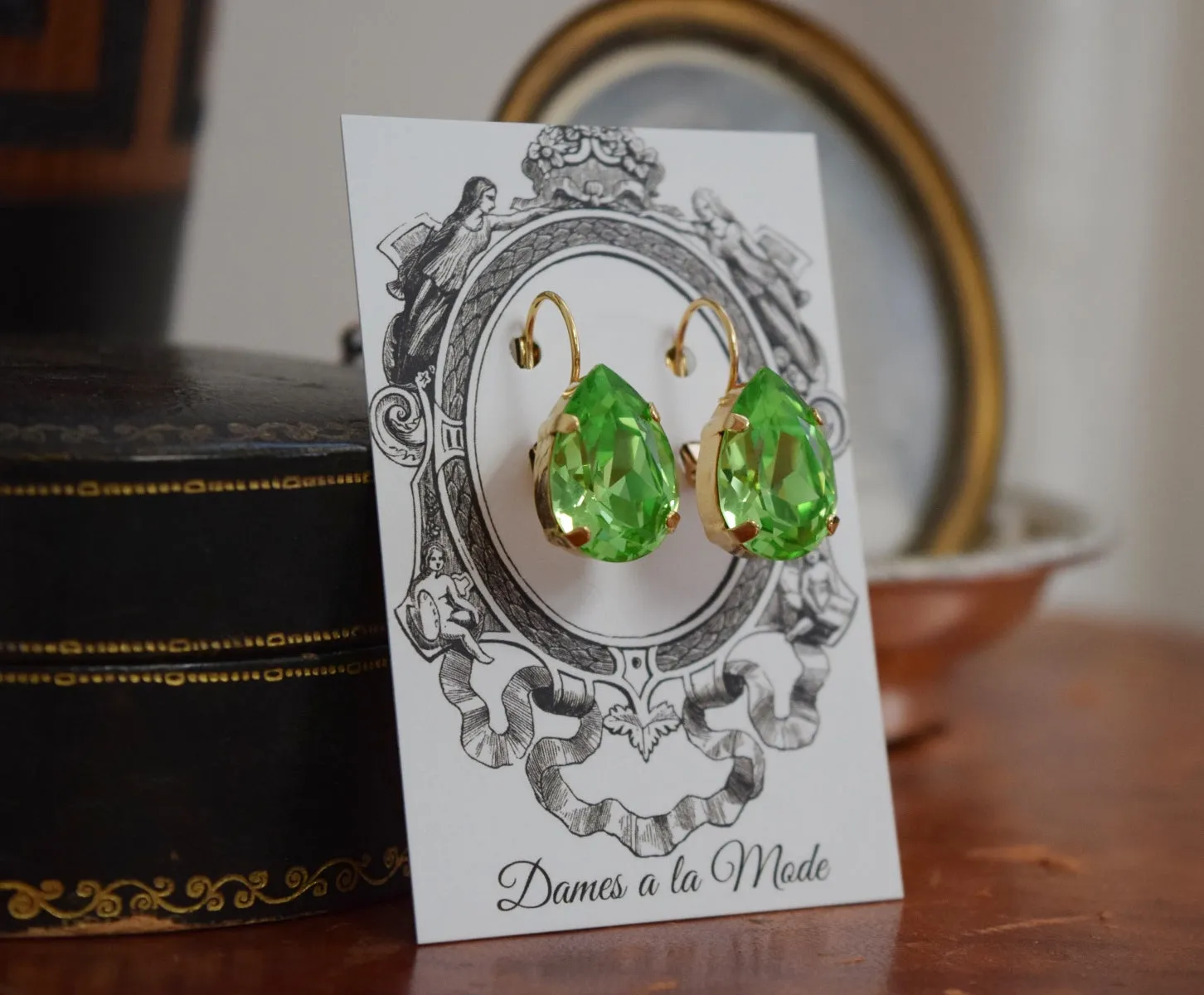 Peridot Green Swarovski Earring - Large Teardrop