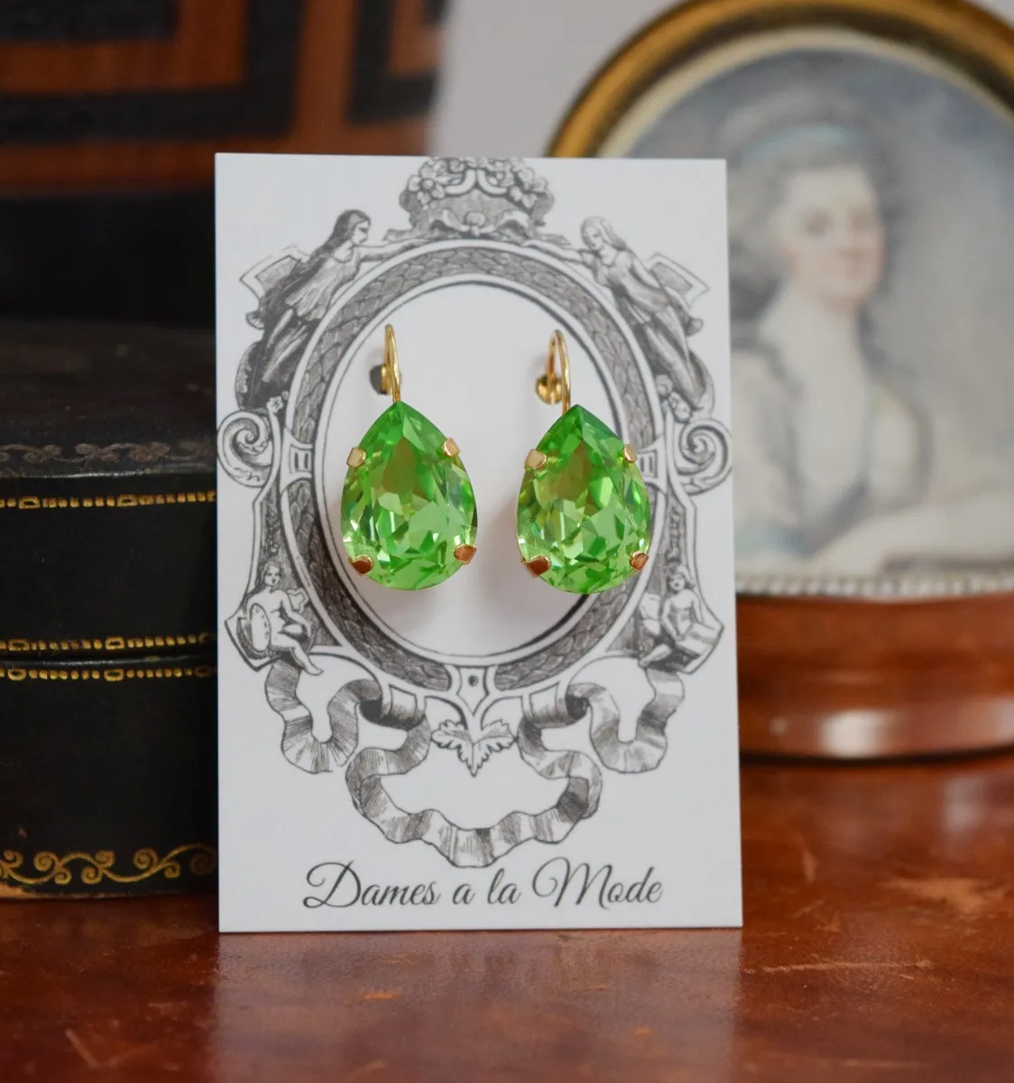 Peridot Green Swarovski Earring - Large Teardrop