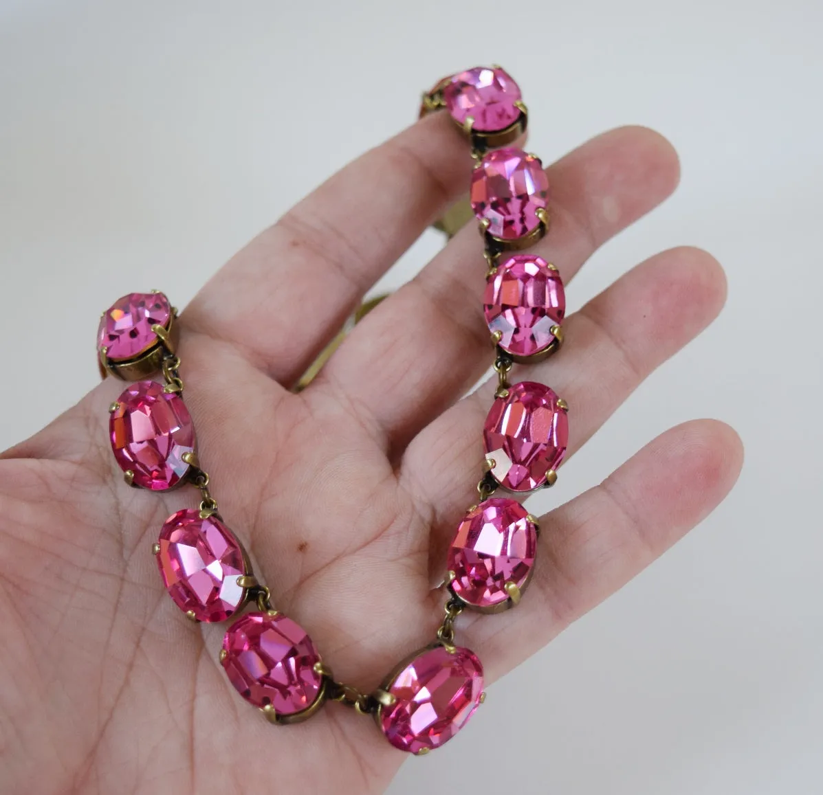 Pink Topaz Swarovski Crystal Collet Necklace - Large Oval