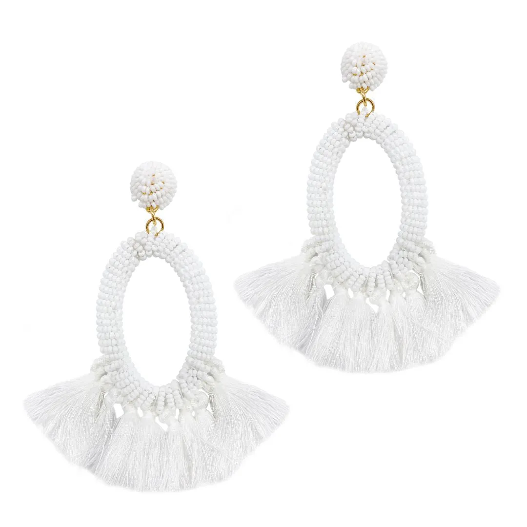 White Beaded Oval Drop Earring